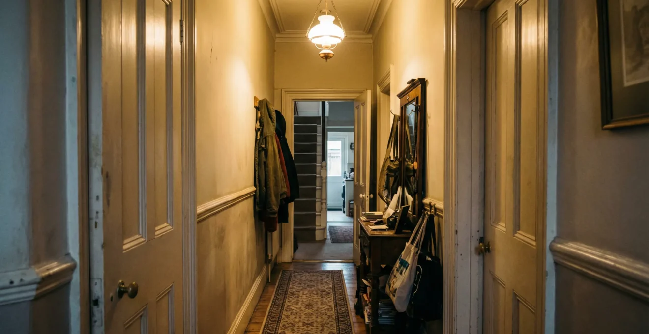 Compact Victorian terrace hallway featuring chamfered wall panels with soft overhead lighting