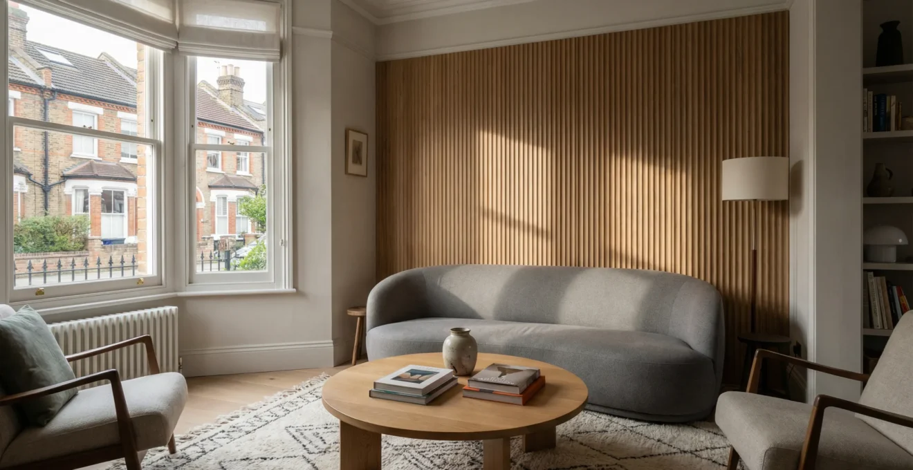 Modern lounge featuring fluted wall panels with natural daylight creating shadow patterns