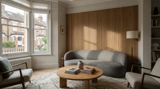 Modern lounge featuring fluted wall panels with natural daylight creating shadow patterns