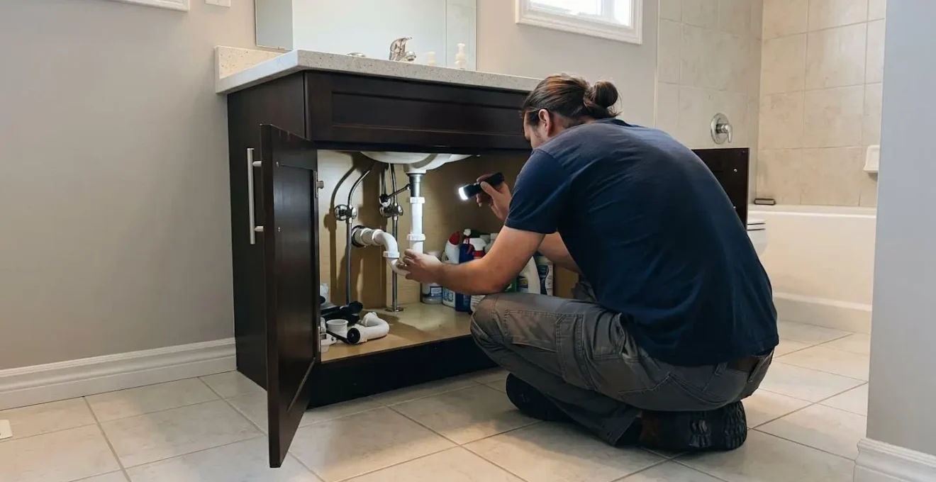 Homeowner from behind examining under-sink plumbing with a flashlight in an ordinary residential bathroom